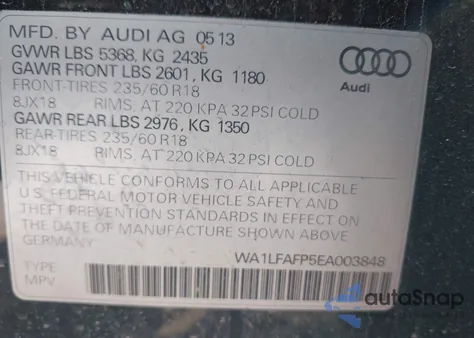 2014 Audi Q5 2.0T Premium z USA, uszkodzony, nr VIN WA1LFAFP5EA003848